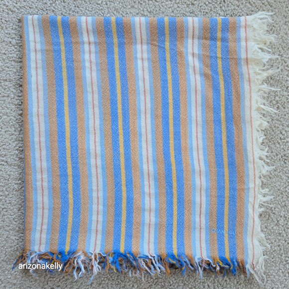Chan Luu Huge Wool Scarf Shawl Wrap Stripe Blue Yellow Tan